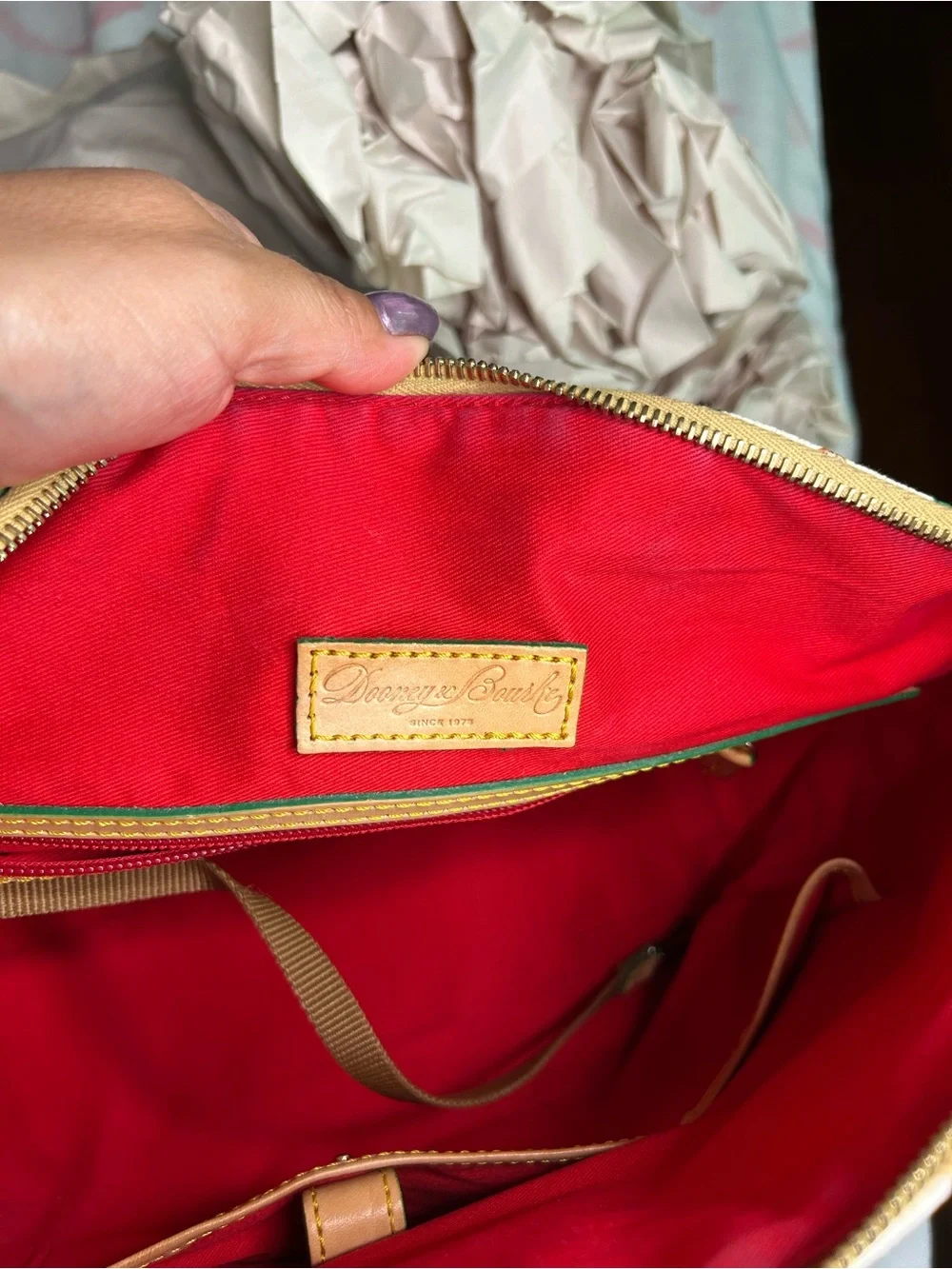 Dooney & Bourke Pink, White & Green Floral Satchel with Tan Trim